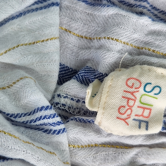 SURF GYPSY BOHO STYLE CROP COVER UP. OR TOP WHITE WITH BLUE AND GOLD STRIPES - Picture 5 of 10